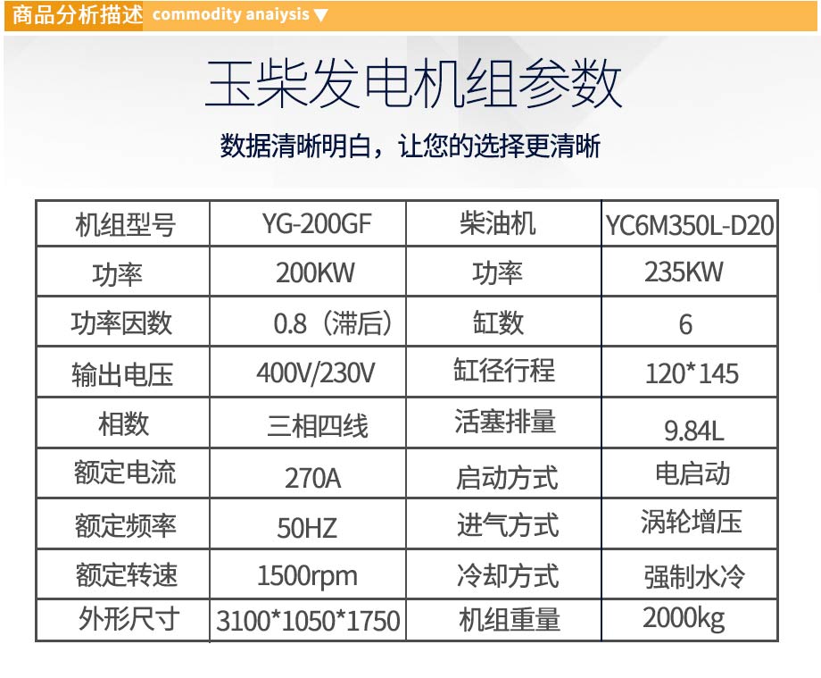 玉柴200KW柴油发电机组参数